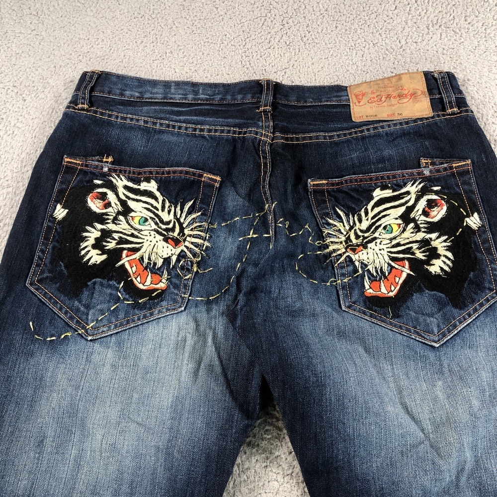 Ed Hardy Jeans Mens 36x32 Blue Embroidered Y2k Panther snakes Christian Audigier